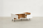 White & Oak Console TV Stand with Structured Drawers for Living Room