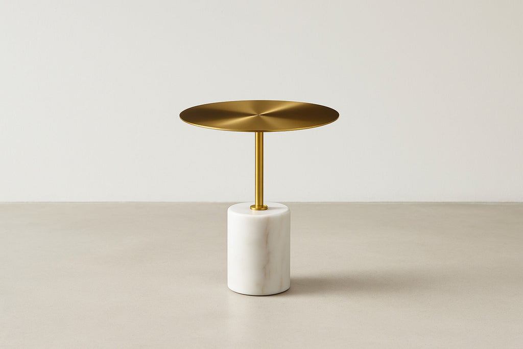 Marble & Brushed Gold End Table with Sculptural Minimal Form for Living Room & Bedroom