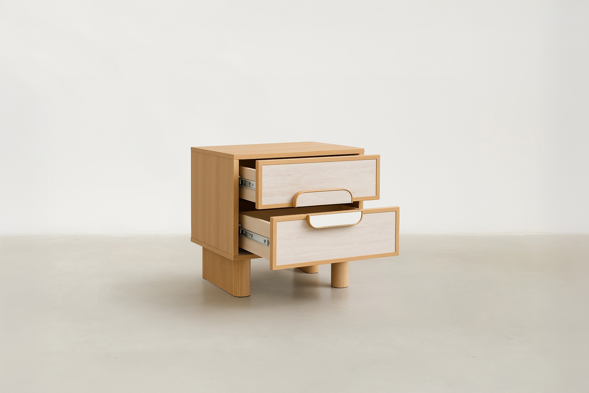 Oak & Travertine MDF Nightstand with Bold Material Contrast for Bedroom