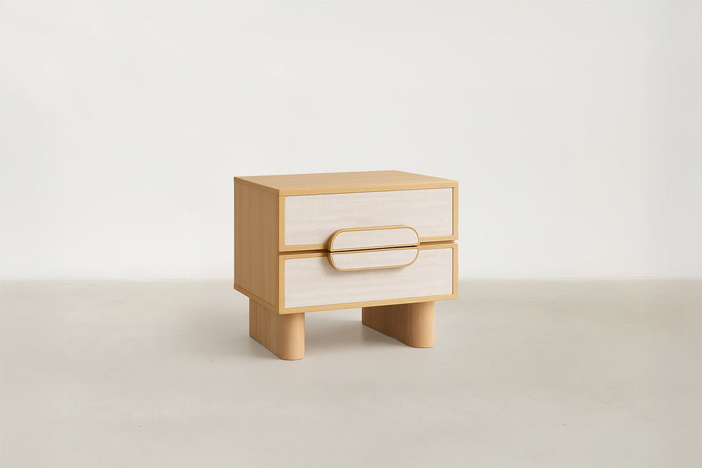 Oak & Travertine MDF Nightstand with Bold Material Contrast for Bedroom