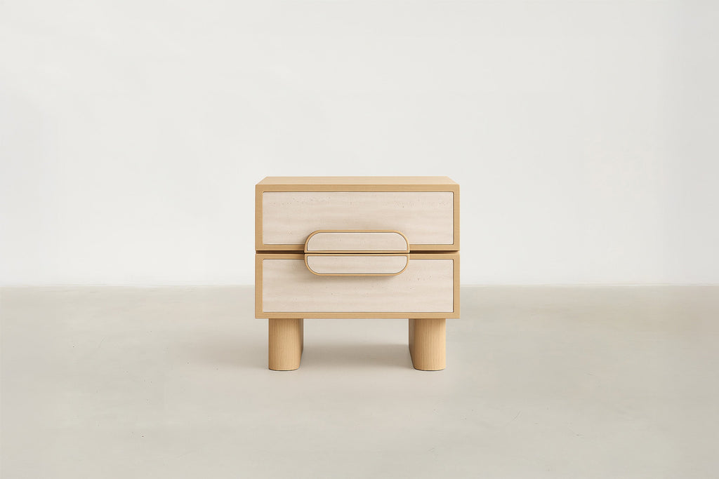 Oak & Travertine MDF Nightstand with Bold Material Contrast for Bedroom