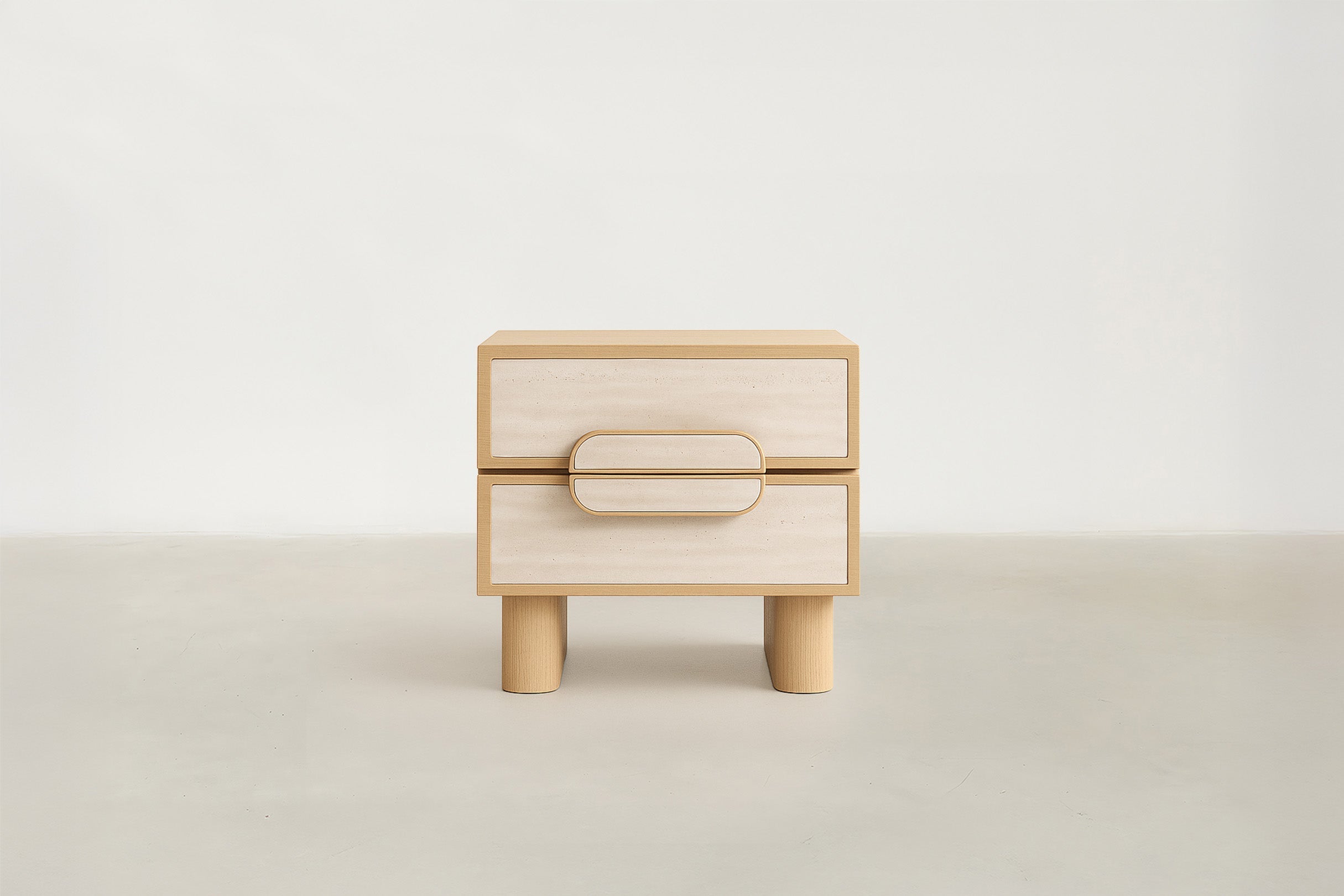 Oak & Travertine MDF Nightstand with Bold Material Contrast for Bedroom