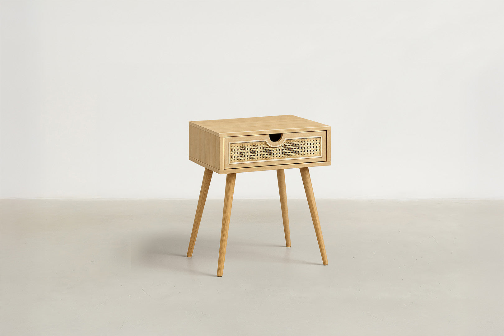 Oak Veneer Nightstand with Cane Detail & Pull-Out Storage for Bedroom