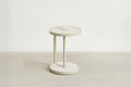 Modern Tempered Glass & Matte Beige End Table with Travertine Look for Living Room
