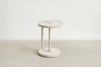 Modern Tempered Glass & Matte Beige End Table with Travertine Look for Living Room