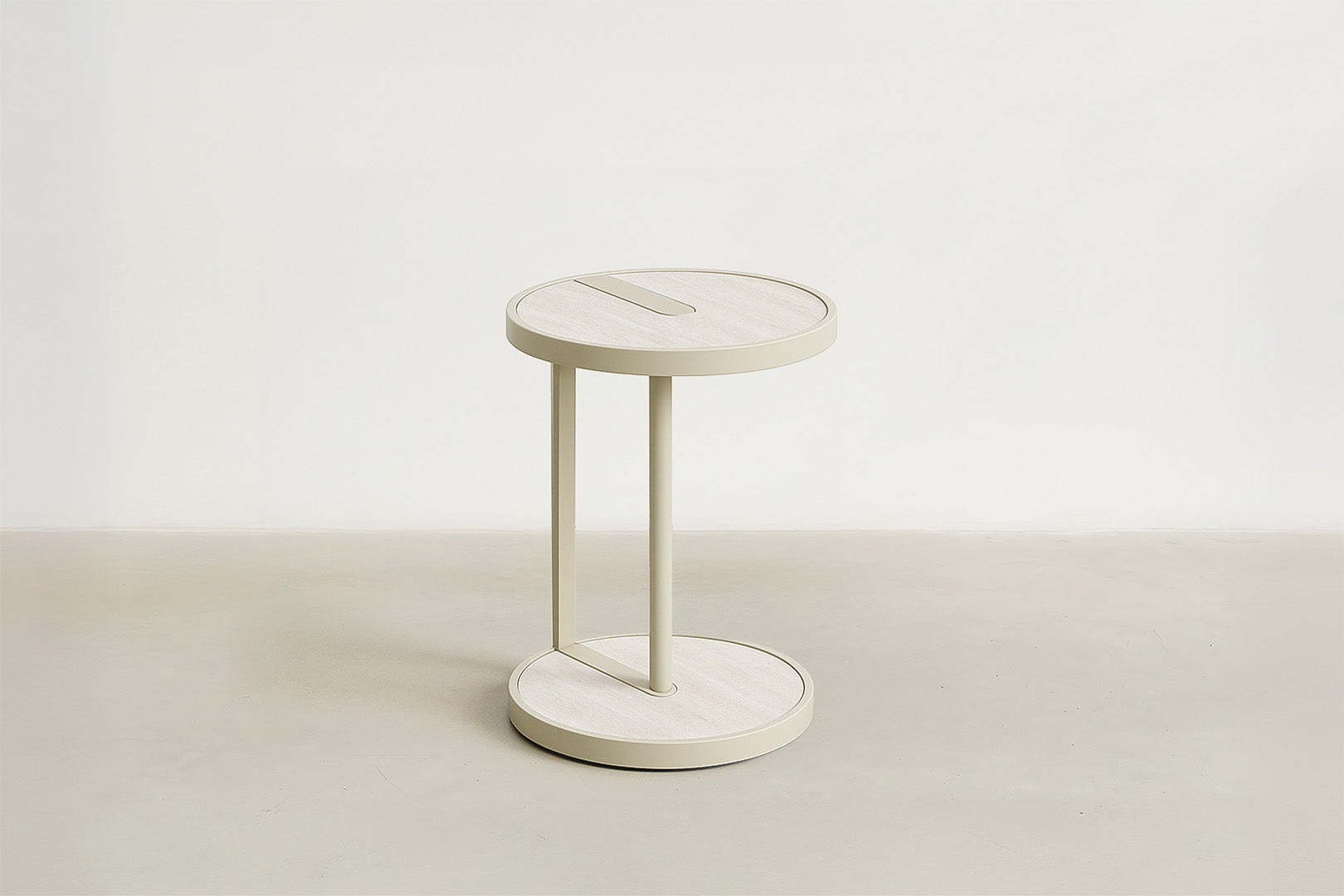 Modern Tempered Glass & Matte Beige End Table with Travertine Look for Living Room