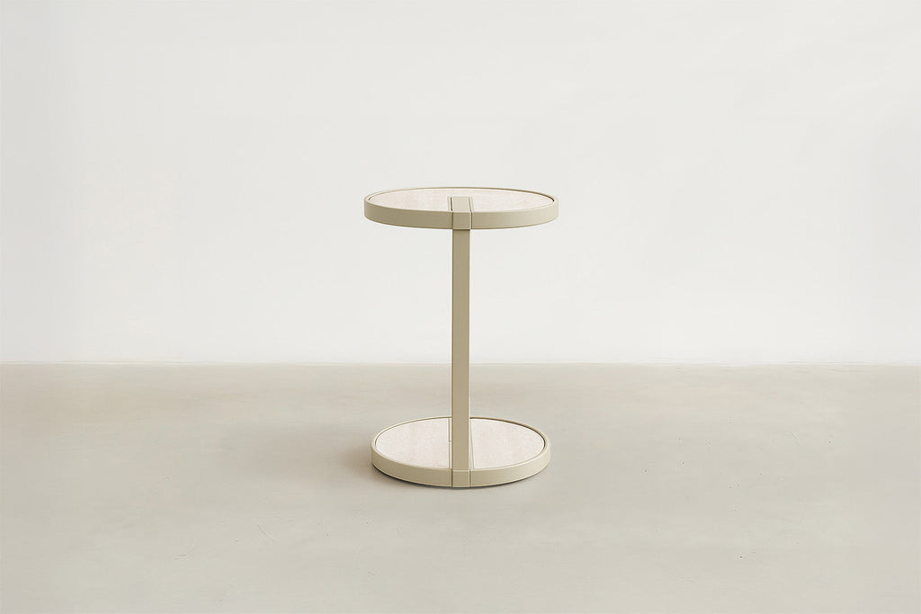 Modern Tempered Glass & Matte Beige End Table with Travertine Look for Living Room