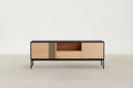 Black Oak & Warm Oak TV Cabinet with Push-to-Open Storage for Living Room