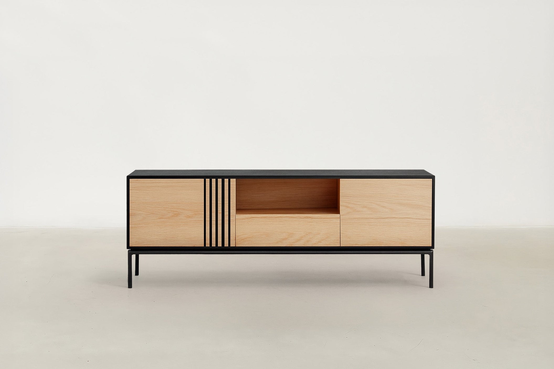 Black Oak & Warm Oak TV Cabinet with Push-to-Open Storage for Living Room