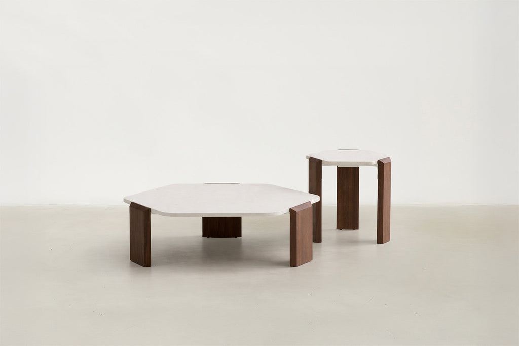 Travertine & Walnut Coffee + Side Table with Natural Duo Finish for Living Room