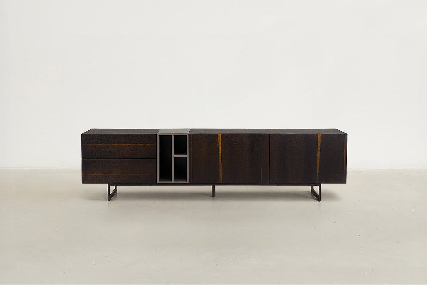 Modern Smoked Walnut TV Stand with Asymmetric Shelving for Living Room