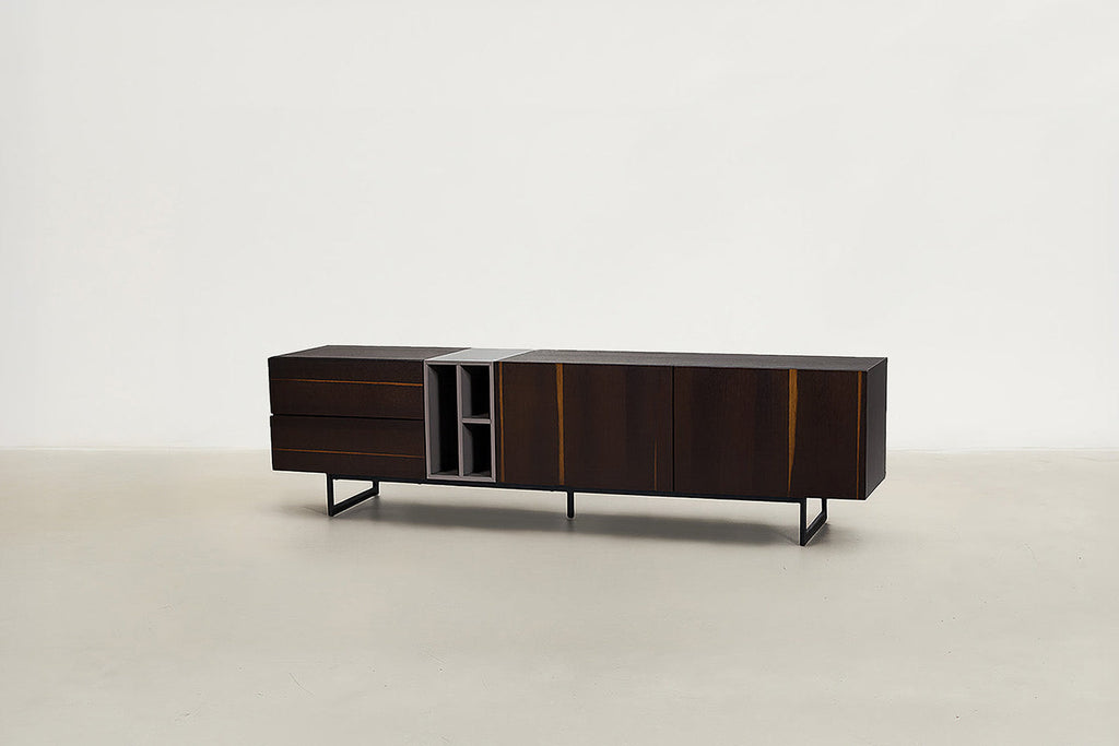 Modern Smoked Walnut TV Stand with Asymmetric Shelving for Living Room