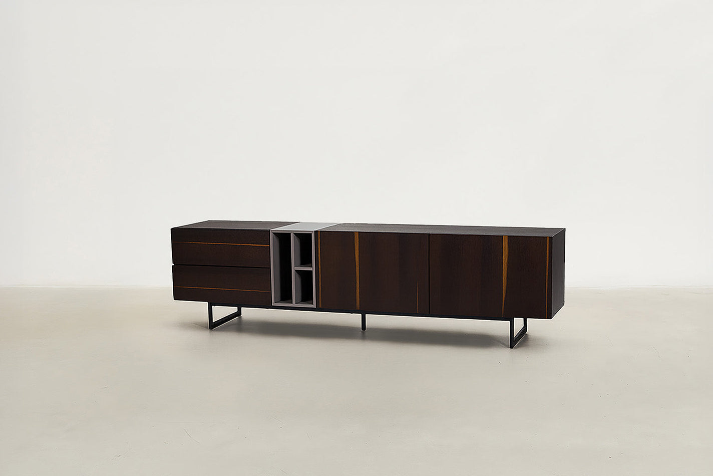 Modern Smoked Walnut TV Stand with Asymmetric Shelving for Living Room