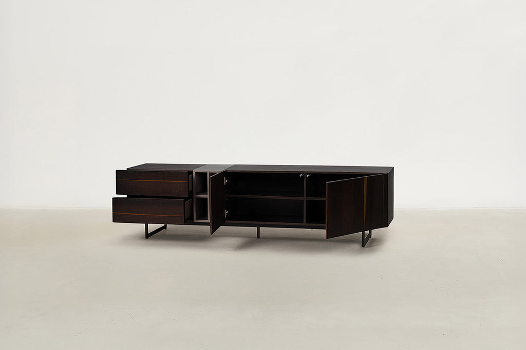 Modern Smoked Walnut TV Stand with Asymmetric Shelving for Living Room