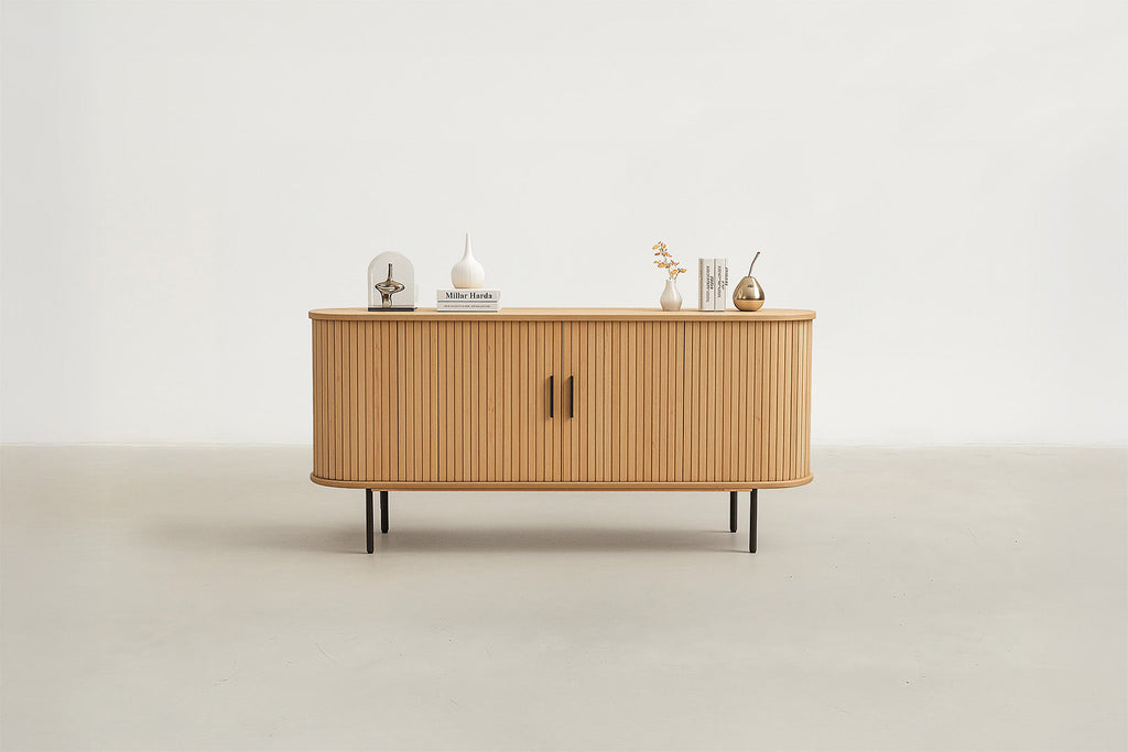 Oak Veneer Console with Fluted Design & Slide Storage for Living Room