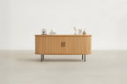 Oak Veneer Console with Fluted Design & Slide Storage for Living Room