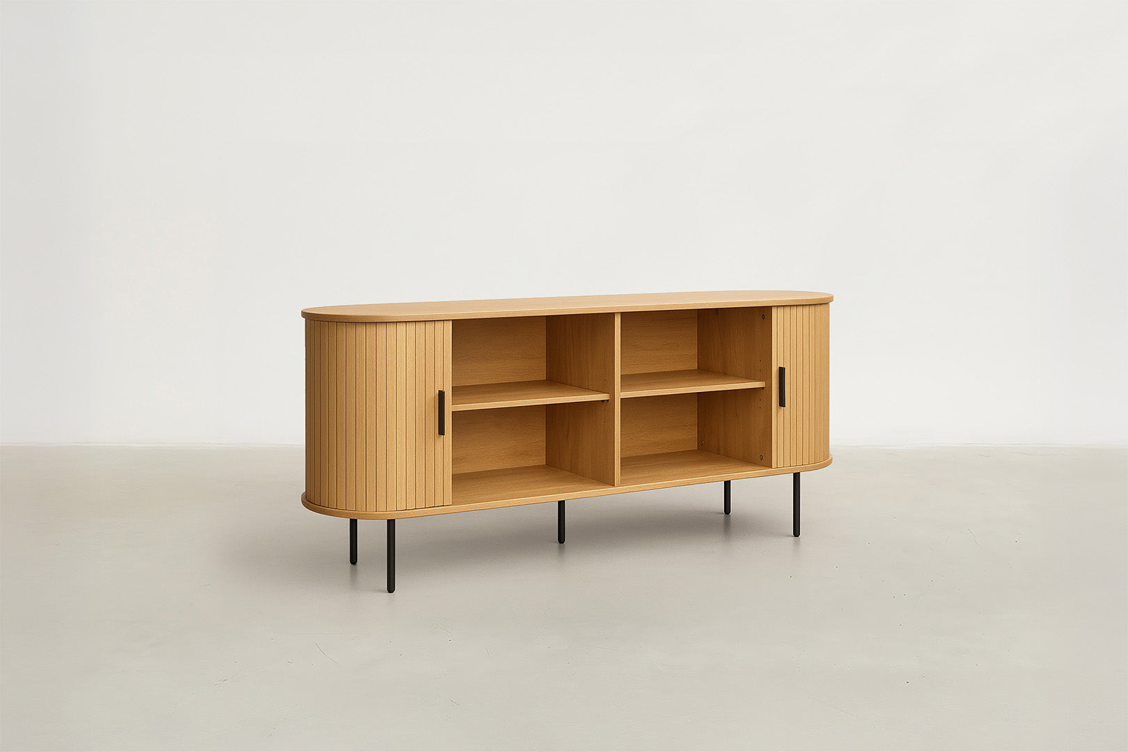 Oak Veneer Console with Fluted Design & Slide Storage for Living Room