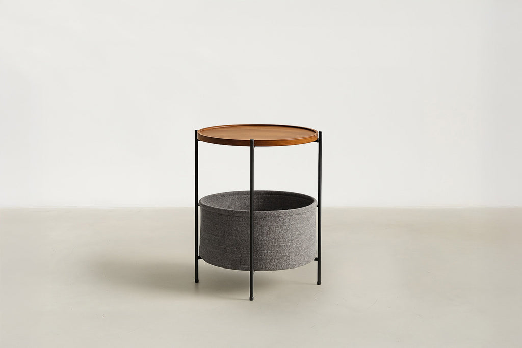 Walnut & Fabric Basket End Table with Slim Legs for Living Room & Bedroom
