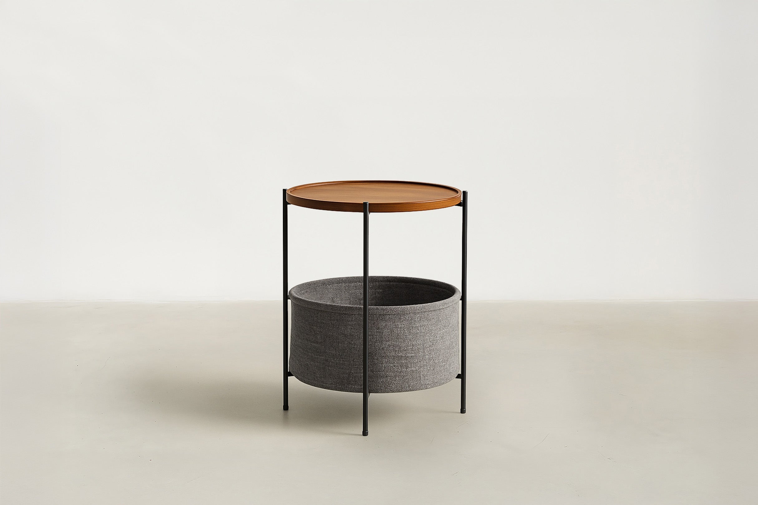Walnut & Fabric Basket End Table with Slim Legs for Living Room & Bedroom