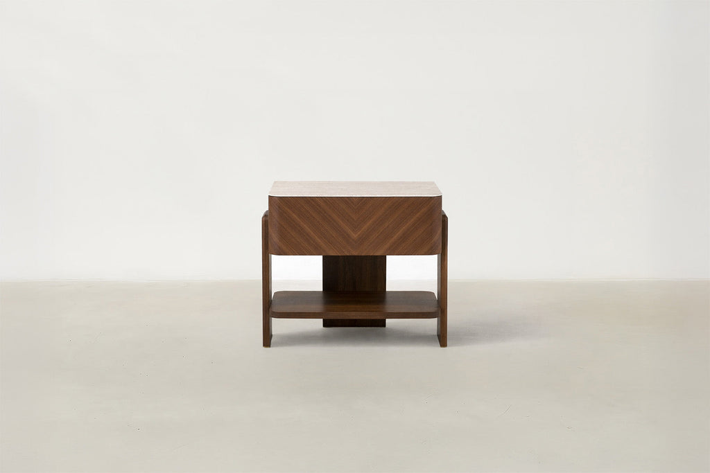 Travertine Glass & Walnut Veneer Coffee Table with Airy Designer Look for Living Room
