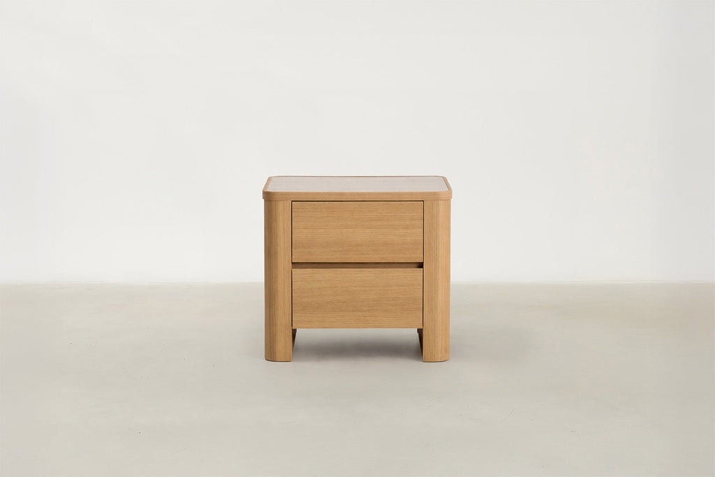 Oak Veneer Nightstand with Travertine-Look Top for Bedroom