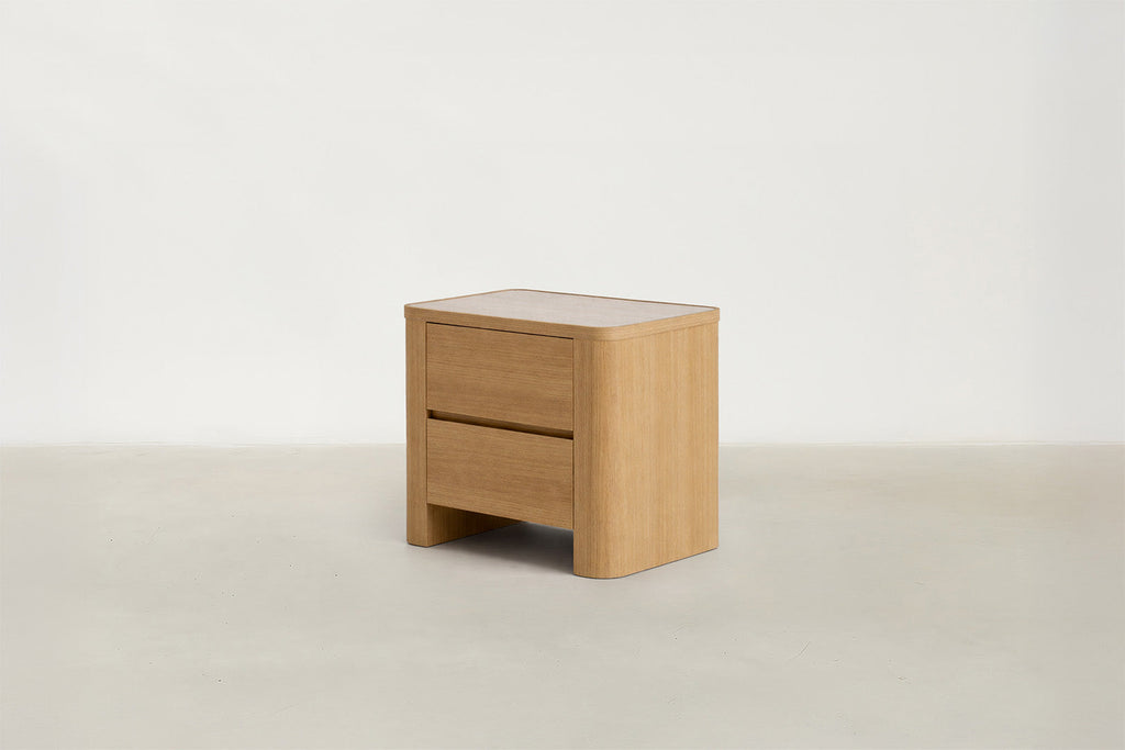 Oak Veneer Nightstand with Travertine-Look Top for Bedroom