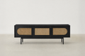 Black Oak Veneer TV Cabinet with Cane Detail & Sliding Doors for Living Room