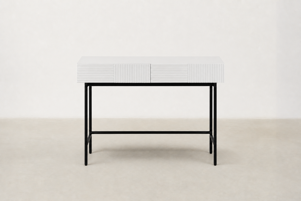 Engineered Wood Console with Fluted Drawers & Black Metal Legs for Entryway & Bedroom