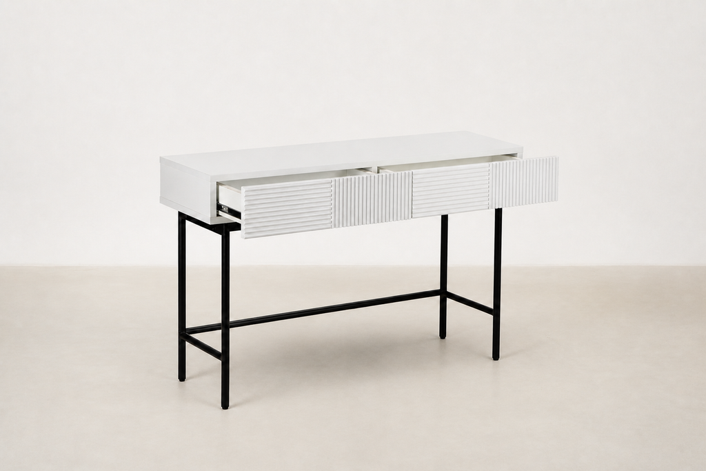 Engineered Wood Console with Fluted Drawers & Black Metal Legs for Entryway & Bedroom