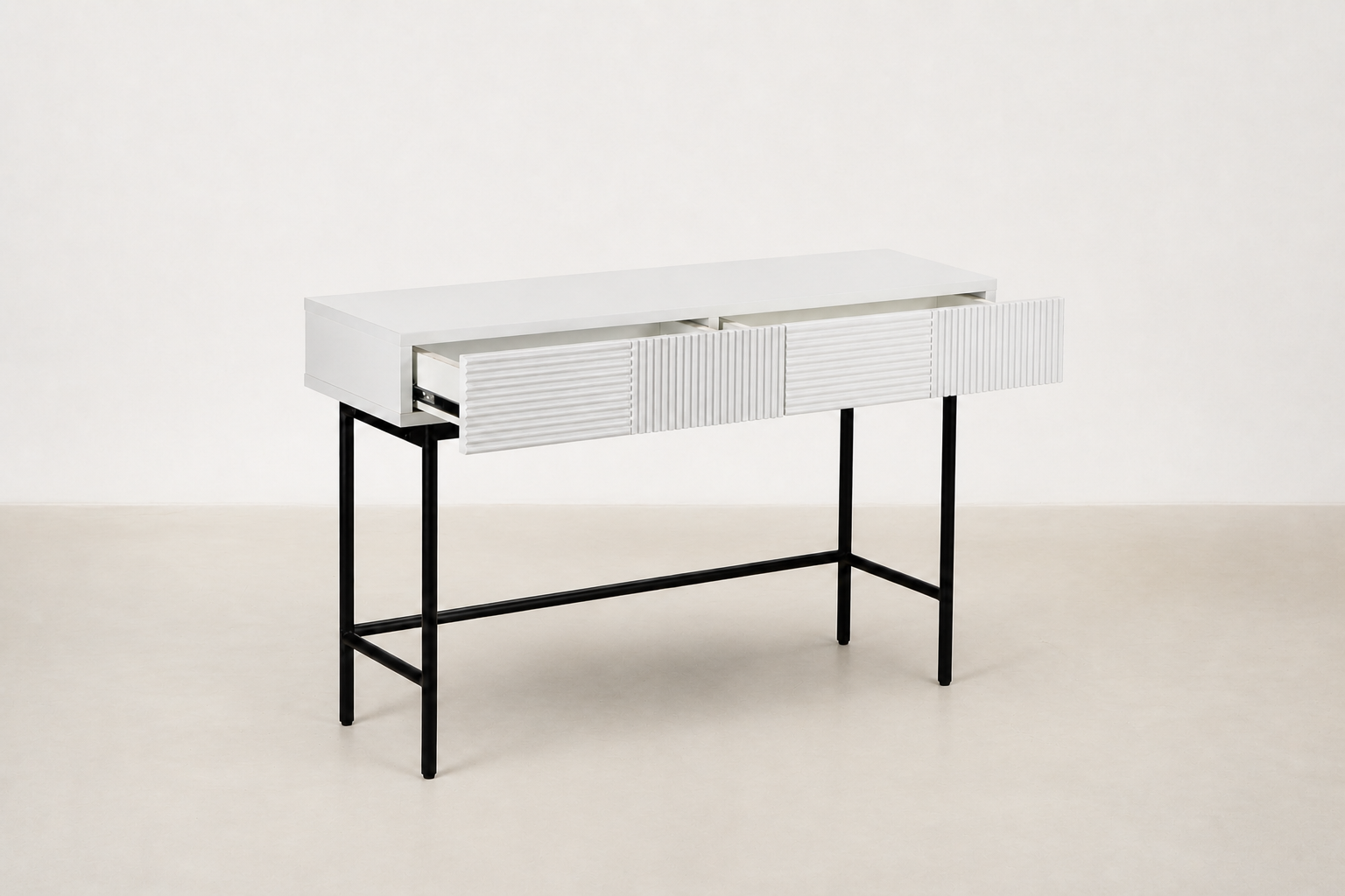 Engineered Wood Console with Fluted Drawers & Black Metal Legs for Entryway & Bedroom