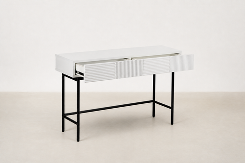 Engineered Wood Console with Fluted Drawers & Black Metal Legs for Entryway & Bedroom