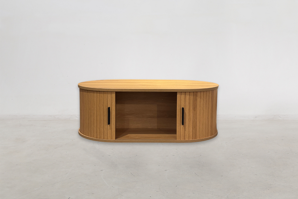 Oak Veneer Coffee Table with Fluted Detail & Slide Storage for Living Room