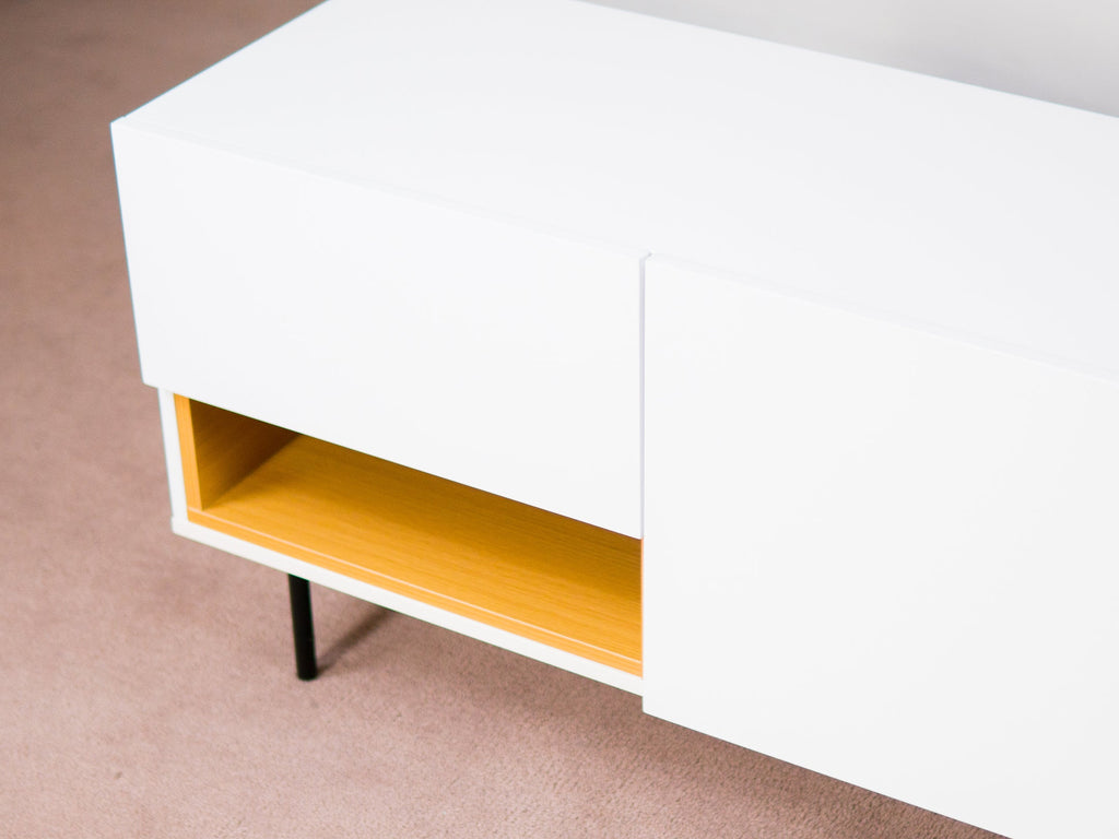 White & Oak Console TV Stand with Structured Drawers for Living Room