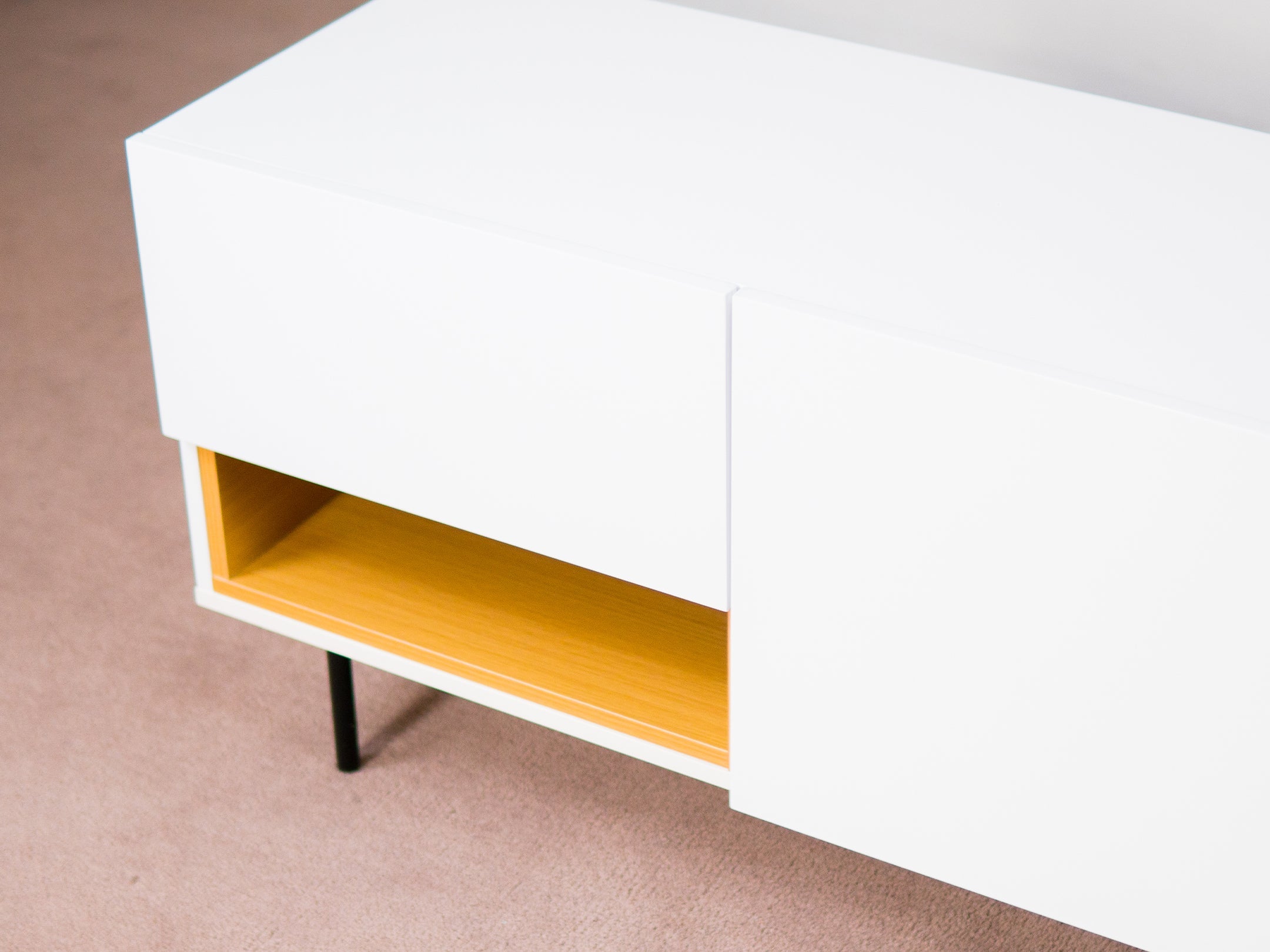 White & Oak Console TV Stand with Structured Drawers for Living Room
