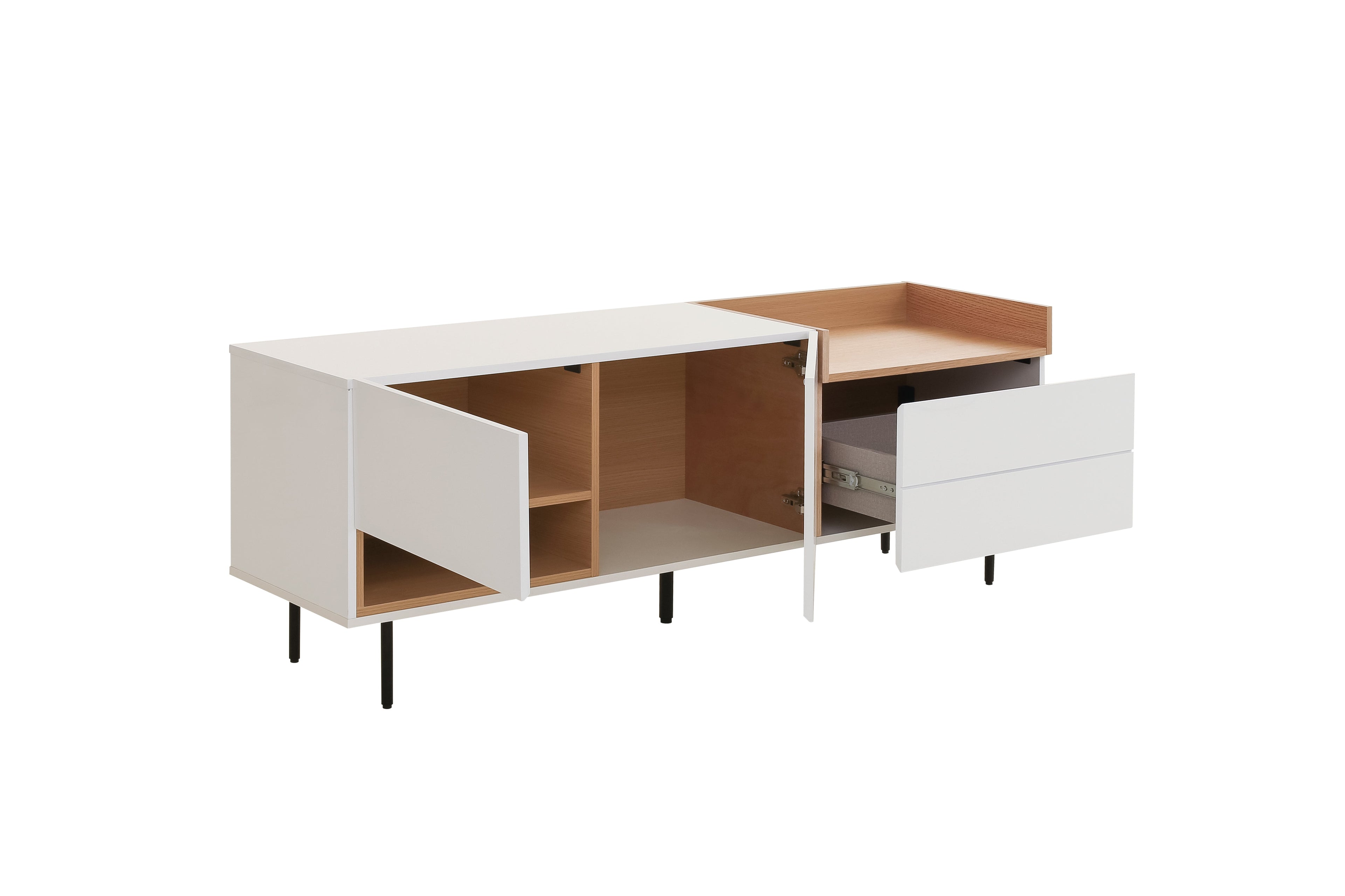 White & Oak Console TV Stand with Structured Drawers for Living Room