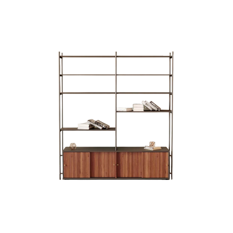 Modern Walnut Veneer Bookshelf with Metal Frame for Bedroom & Living Room