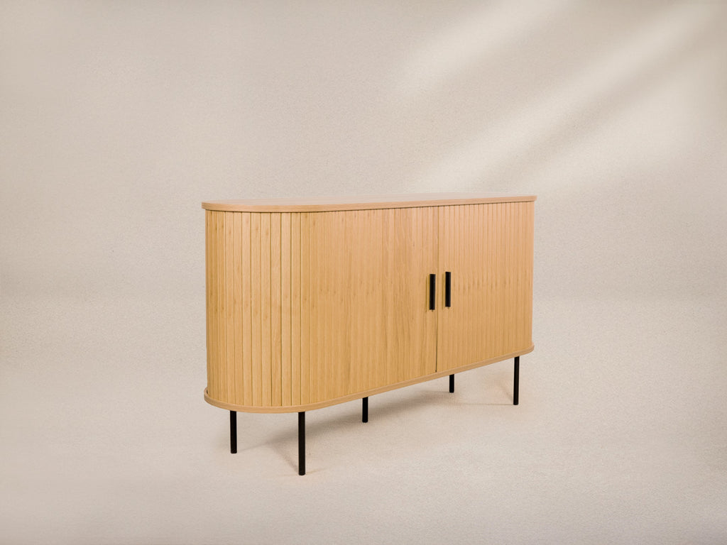 Oak Veneer Console with Fluted Design & Slide Storage for Living Room