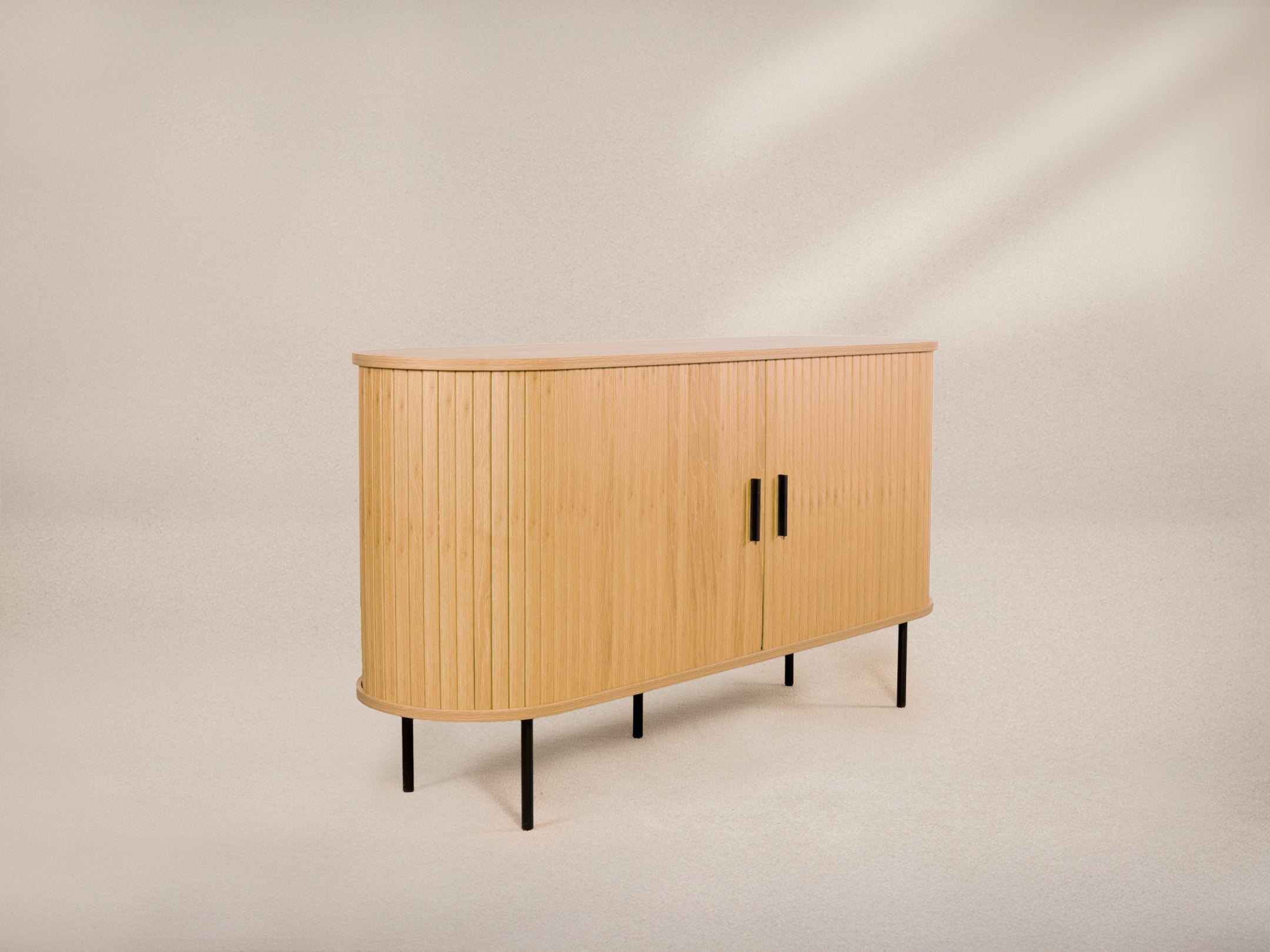 Oak Veneer Console with Fluted Design & Slide Storage for Living Room