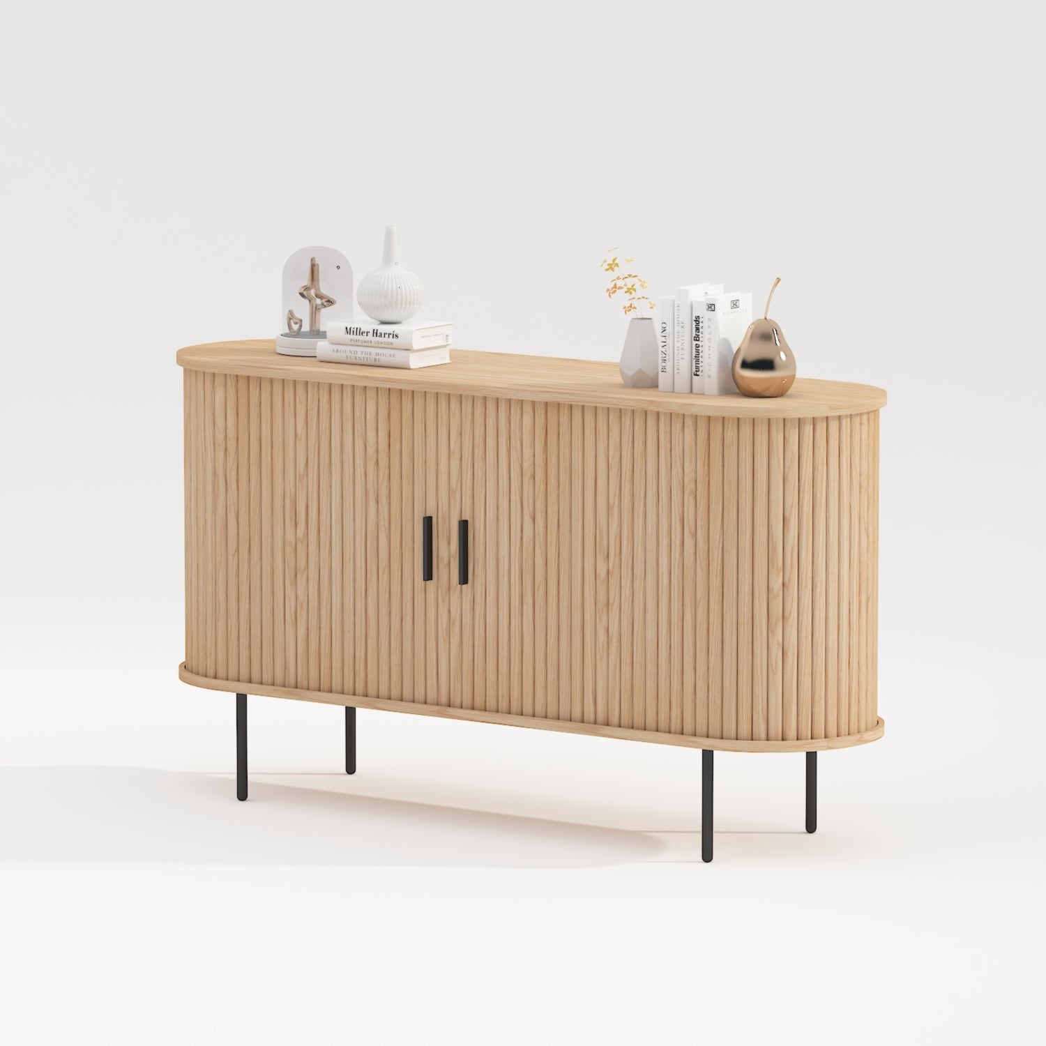 Oak Veneer Console with Fluted Design & Slide Storage for Living Room
