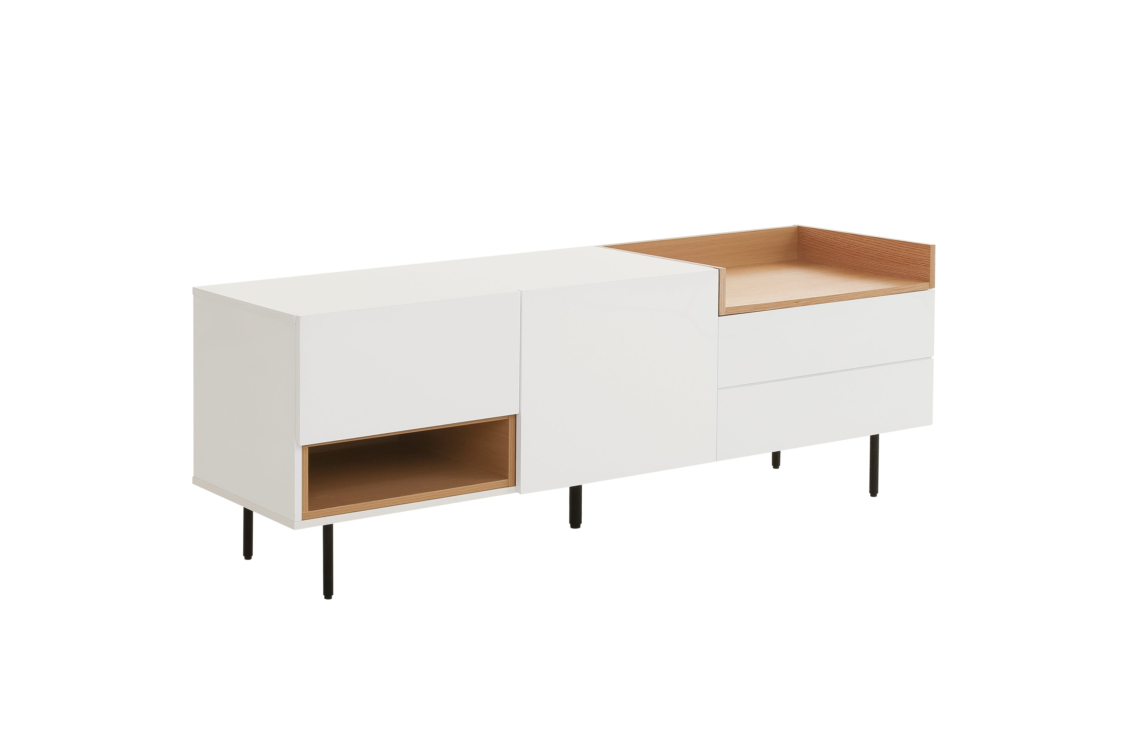 White & Oak Console TV Stand with Structured Drawers for Living Room