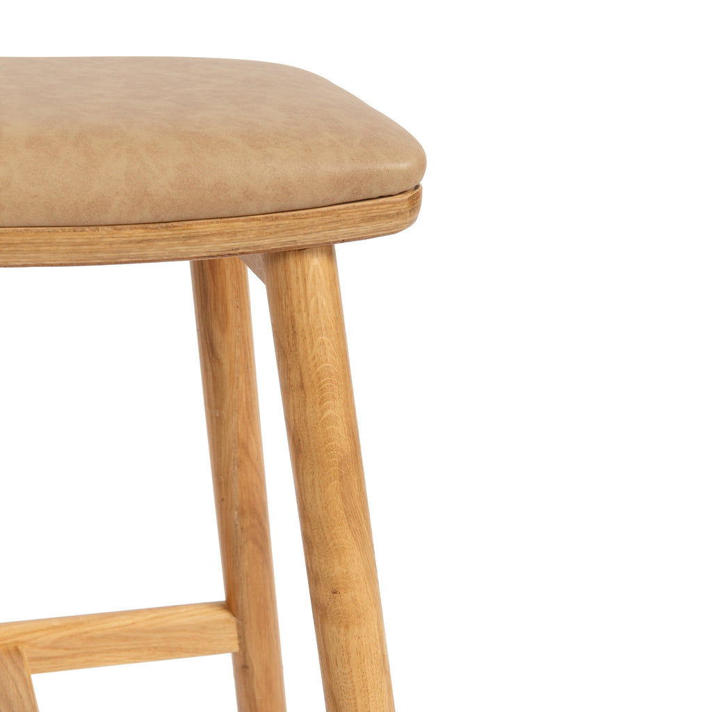 Solid Oak Bar Stool with Cushioned Saddle Seat for Kitchen & Dining