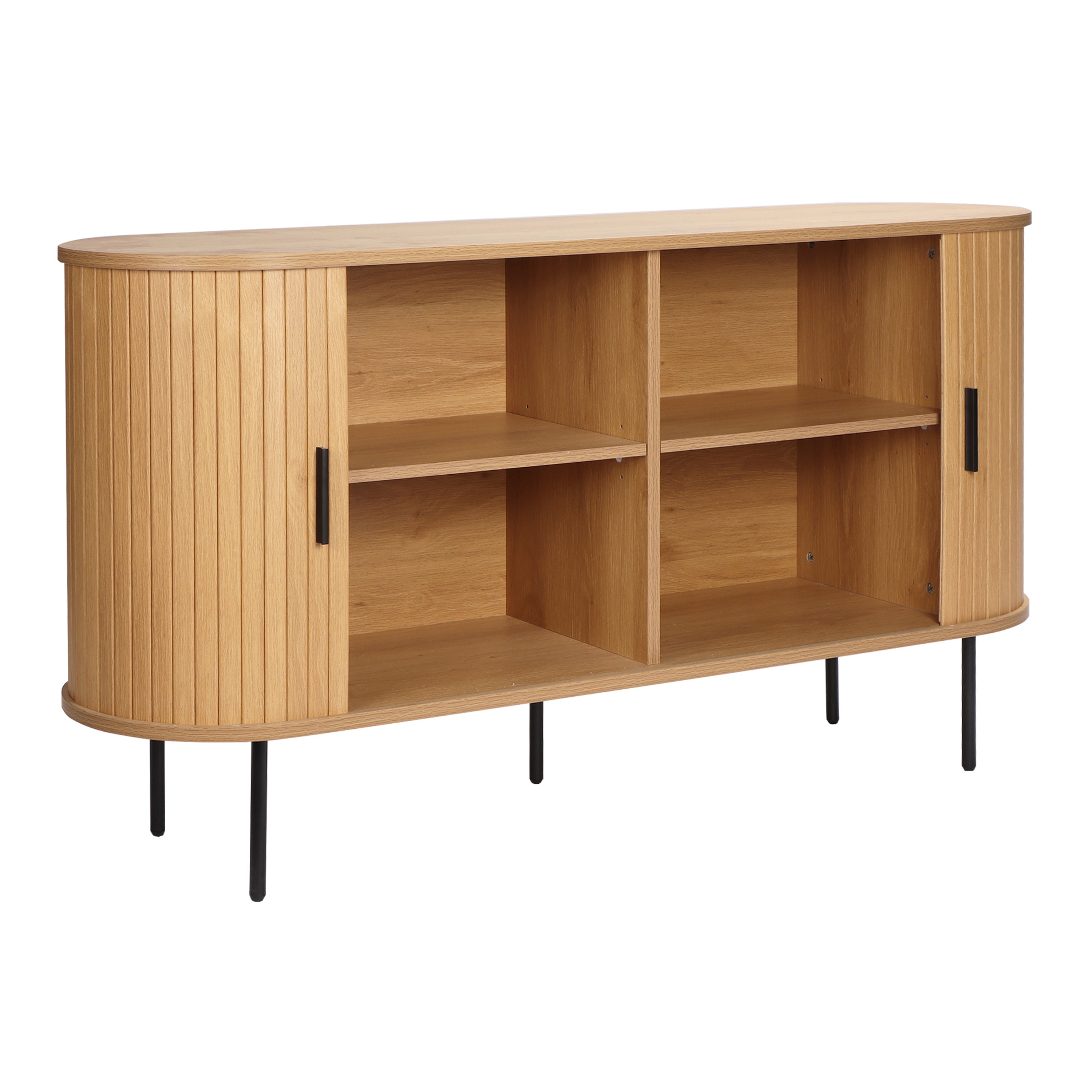 Oak Veneer Console with Fluted Design & Slide Storage for Living Room