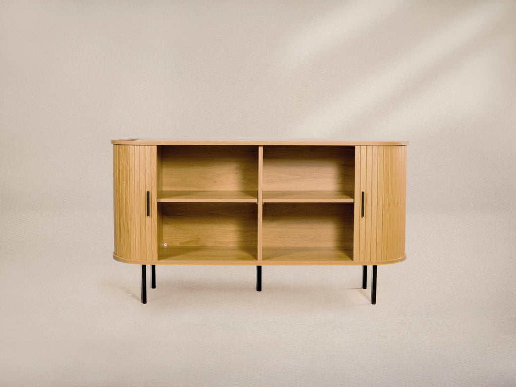 Oak Veneer Console with Fluted Design & Slide Storage for Living Room