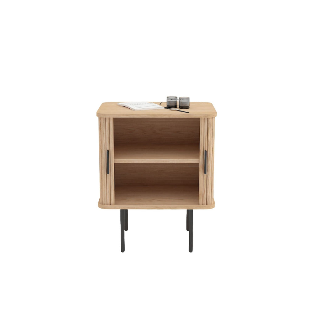 Oak Veneer Nightstand with Curved Fluted Doors & Elevated Legs for Bedroom