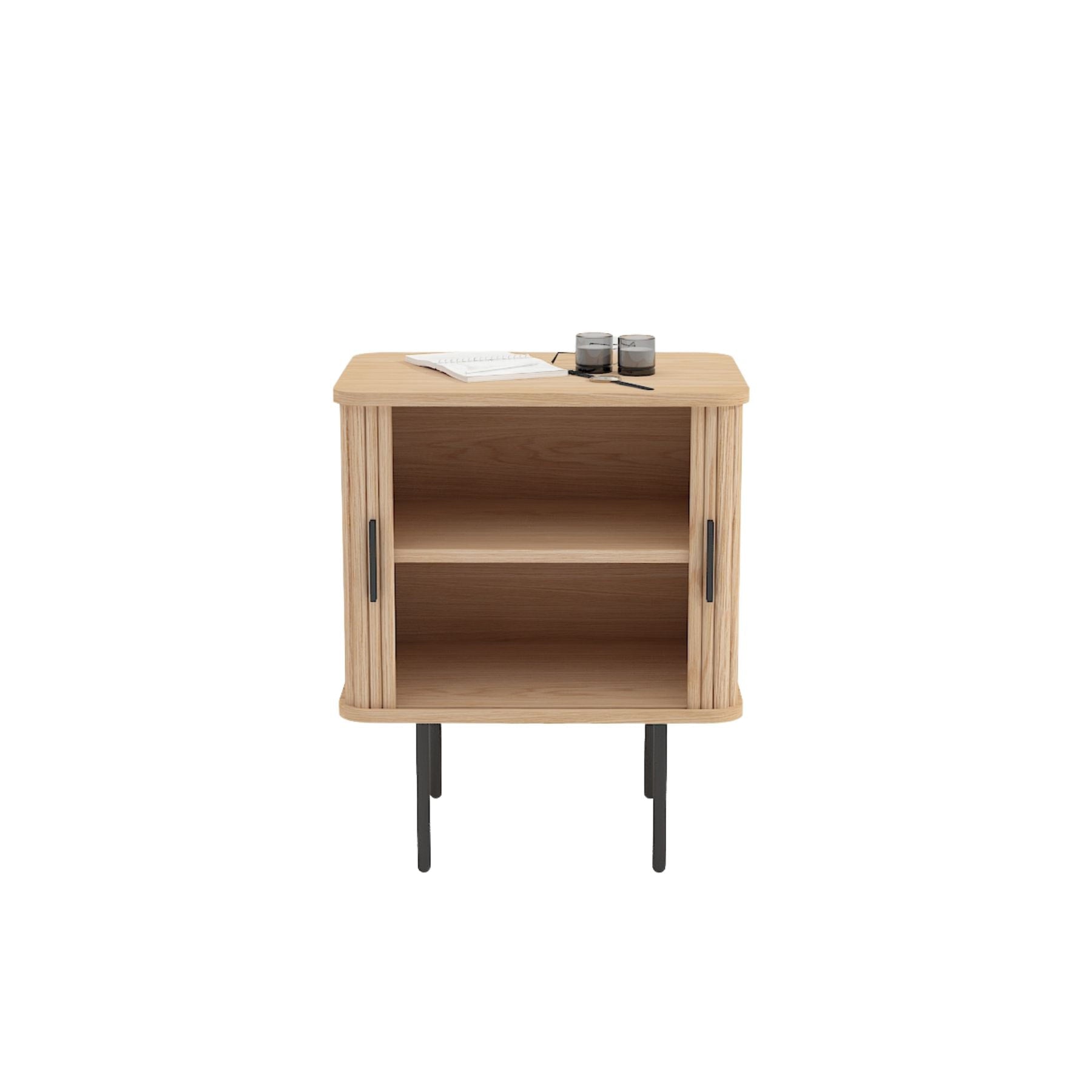 Oak Veneer Nightstand with Curved Fluted Doors & Elevated Legs for Bedroom