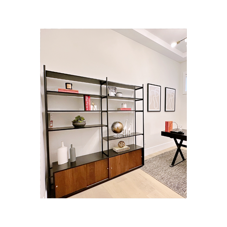 Modern Walnut Veneer Bookshelf with Metal Frame for Bedroom & Living Room