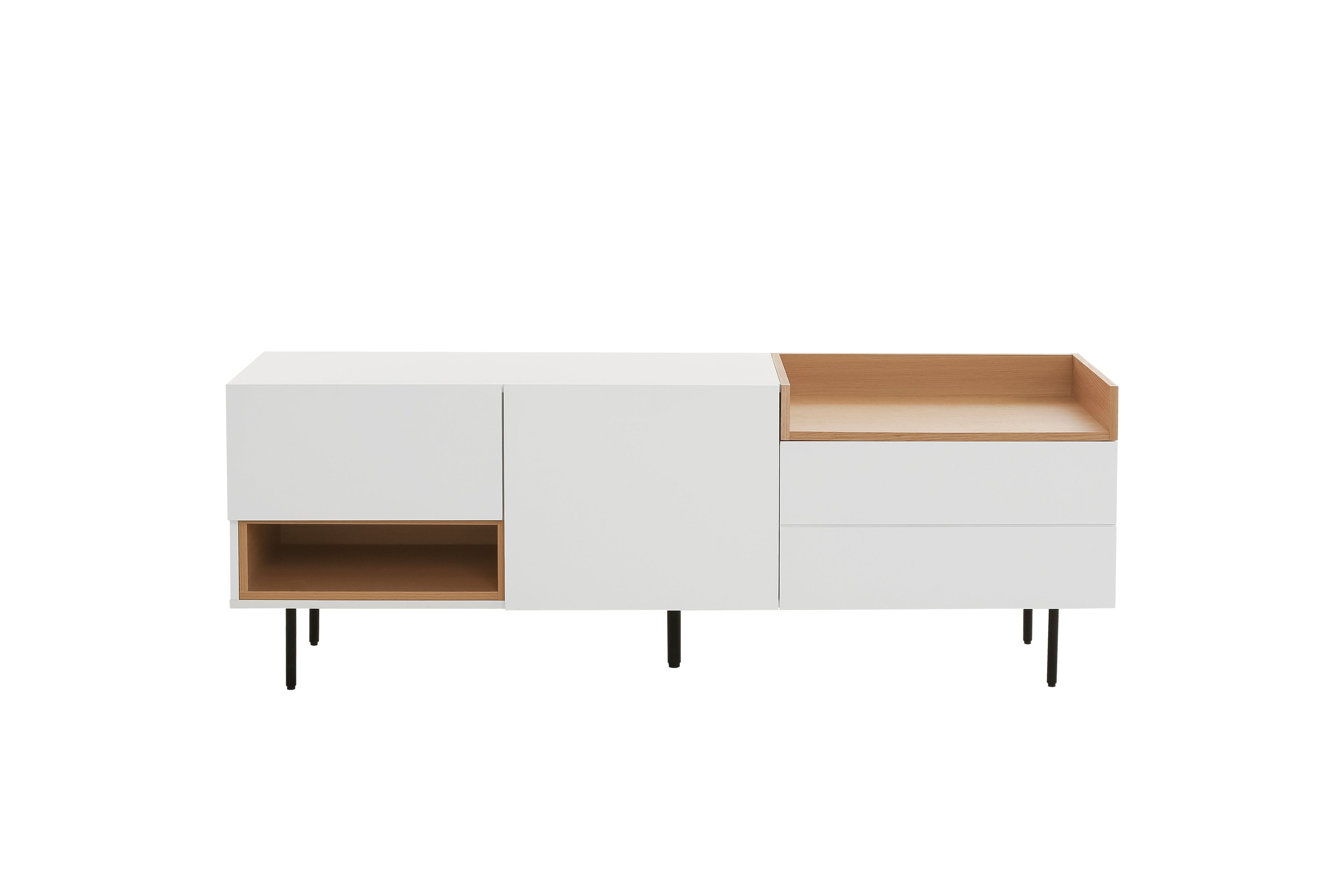 White & Oak Console TV Stand with Structured Drawers for Living Room