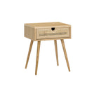 Oak Veneer Nightstand with Cane Detail & Pull-Out Storage for Bedroom