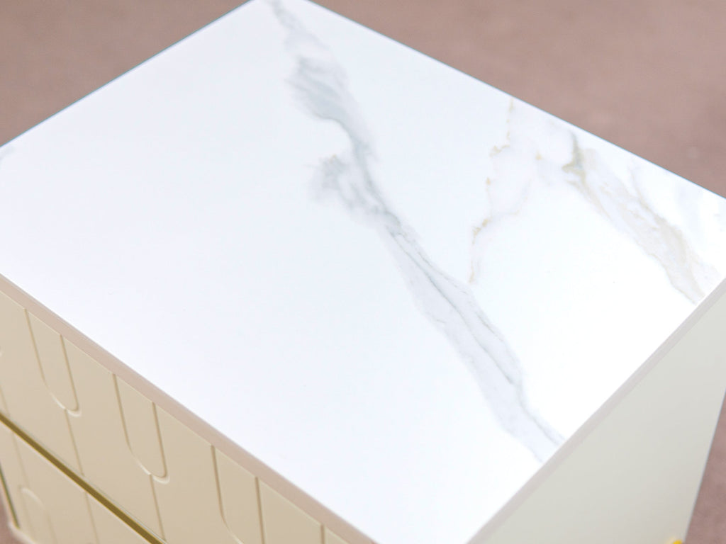 Modern Cream Nightstand with Arched Drawers & Brushed Gold Legs for Bedroom