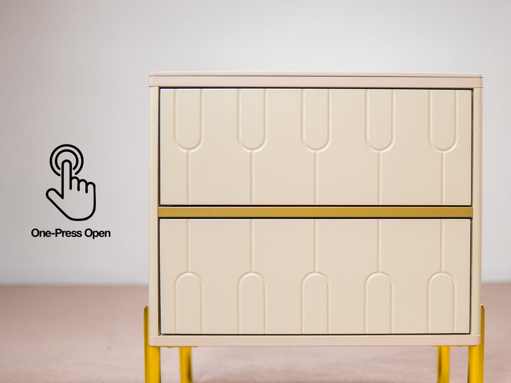 Modern Cream Nightstand with Arched Drawers & Brushed Gold Legs for Bedroom